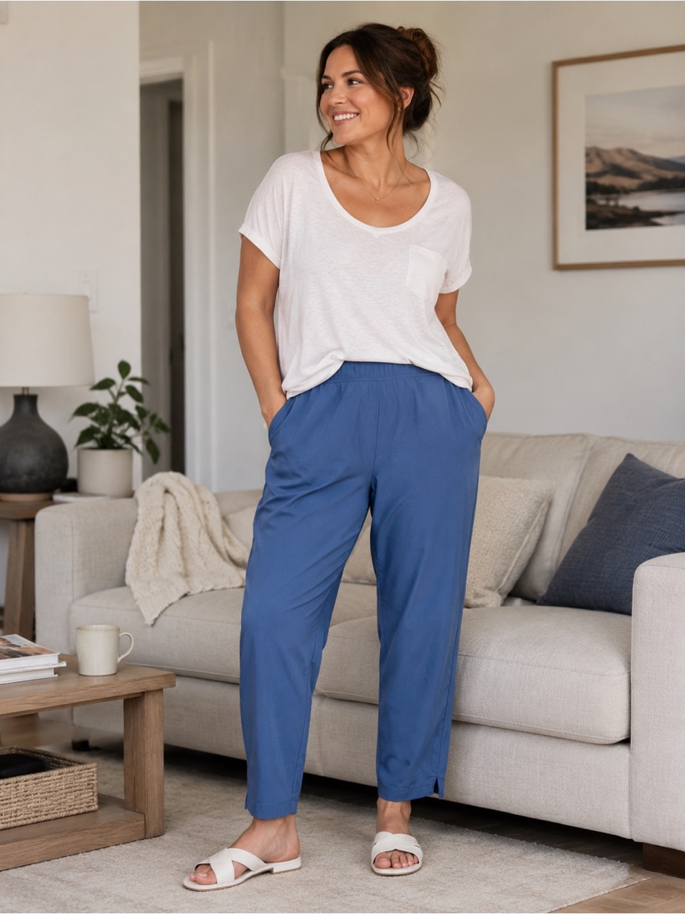 Eddie Bauer XL Women’s Blue Pants Pockets Lounge Neutral Coastal Chic Minimalist